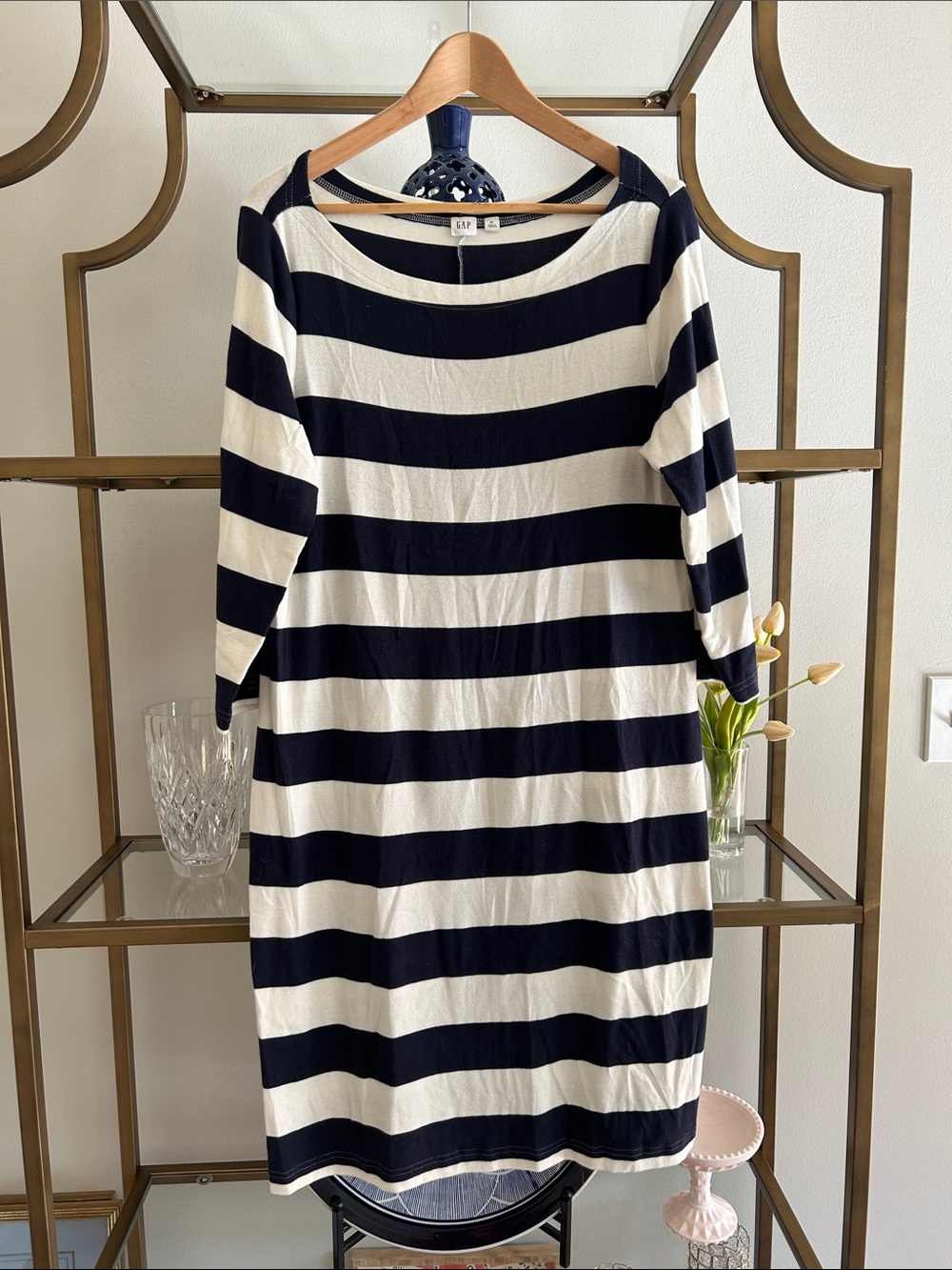 GAP Navy and White Striped Midi Dress